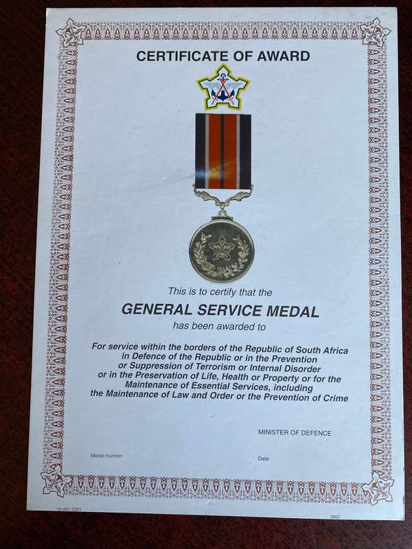 ORIGINAL SADF BLANK MEDAL CERTIFICATE