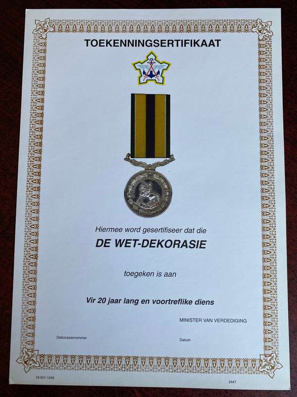 ORIGINAL SADF BLANK MEDAL CERTIFICATE