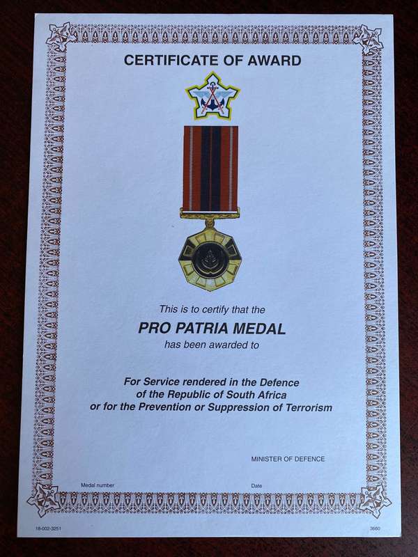 Original SADF Blank Medal Certificate
