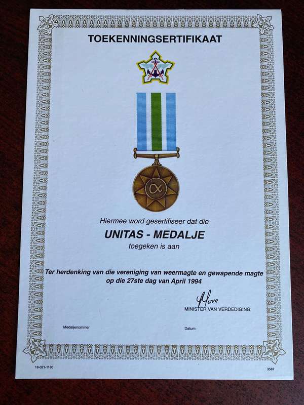 ORIGINAL SADF BLANK MEDAL CERTIFICATE