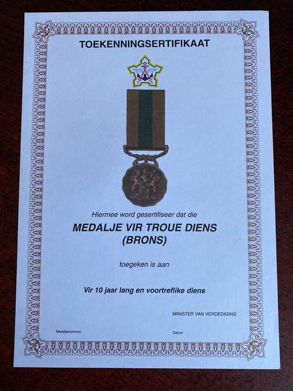 ORIGINAL SADF BLANK MEDAL CERTIFICATE
