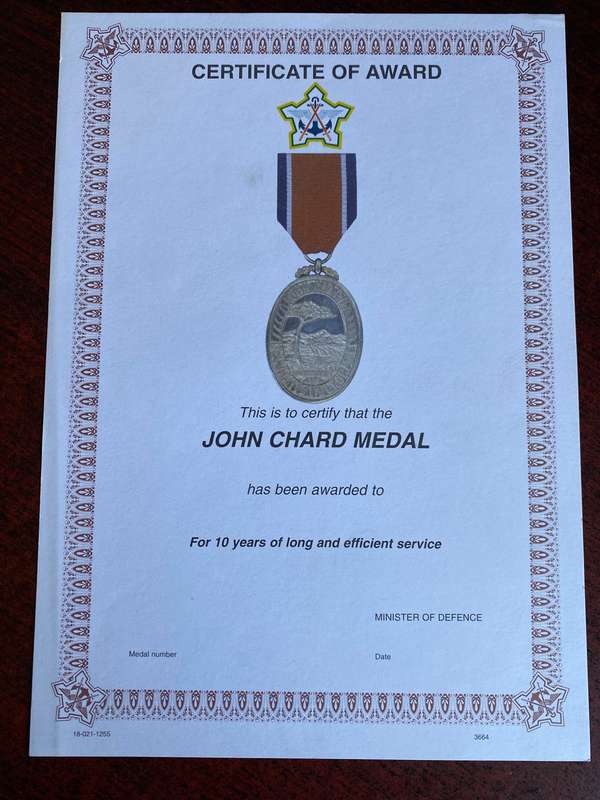 ORIGINAL SADF BLANK MEDAL CERTIFICATE