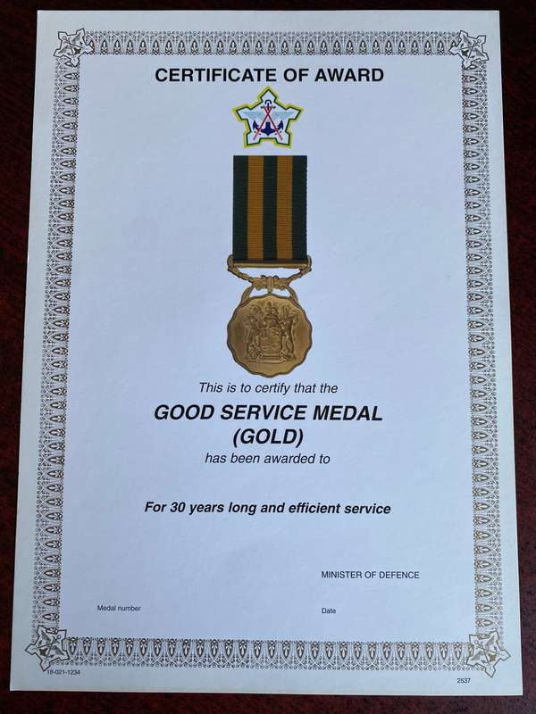 ORIGINAL SADF BLANK MEDAL CERTIFICATE
