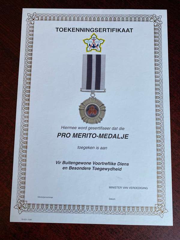 ORIGINAL SADF BLANK MEDAL CERTIFICATE