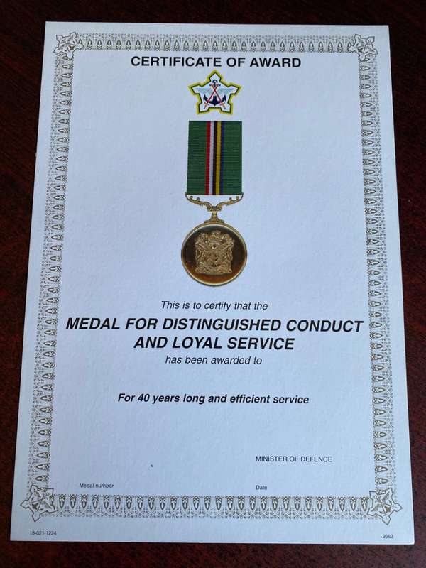ORIGINAL SADF BLANK MEDAL CERTIFICATE