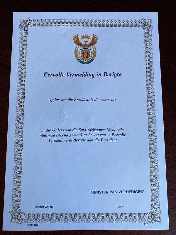 ORIGINAL SADF BLANK MEDAL CERTIFICATE