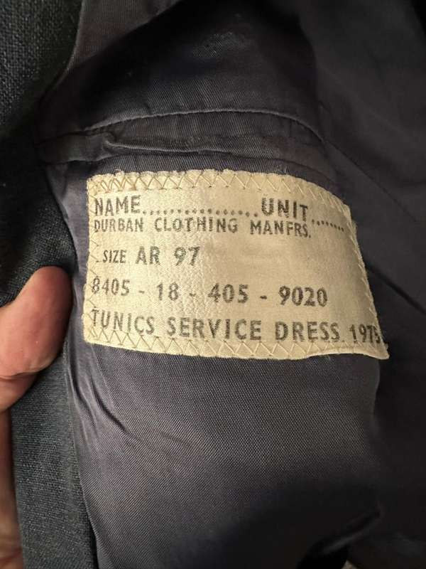 SAAF UNIFORM-TUNIC,SHIRT AND TIE,TUNIC + SHIRT-LABELLED AND DATED 1970'S-TUNIC A SIZE MEDIUM-MEASURE
