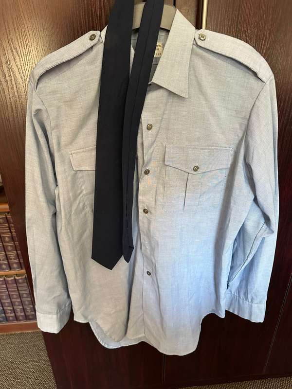 SAAF UNIFORM-TUNIC,SHIRT AND TIE,TUNIC + SHIRT-LABELLED AND DATED 1970'S-TUNIC A SIZE MEDIUM-MEASURE