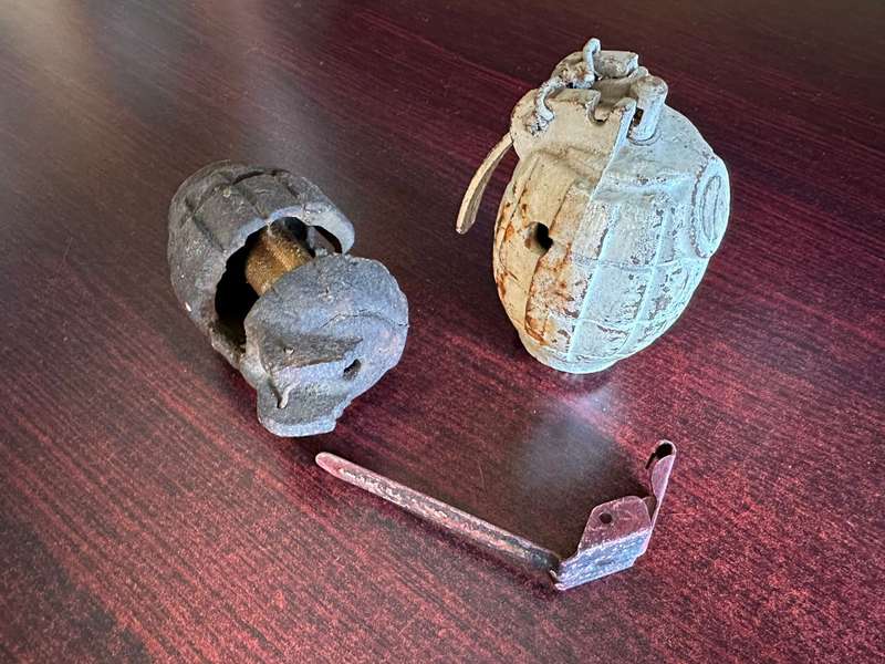 BRITISH MILLS 39 HAND GRENADES-THE ONE COMPLETE INERT,THE OTHER USED