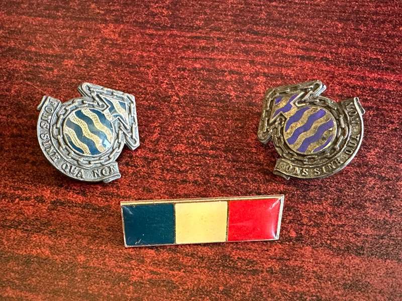 ORDNANCE SERVICE CORPS COLLARS + BERET BAR-APPROVED 1977-ROYAL BLUE/ WHITE/ GUARDSMAN RED- PINS INTA