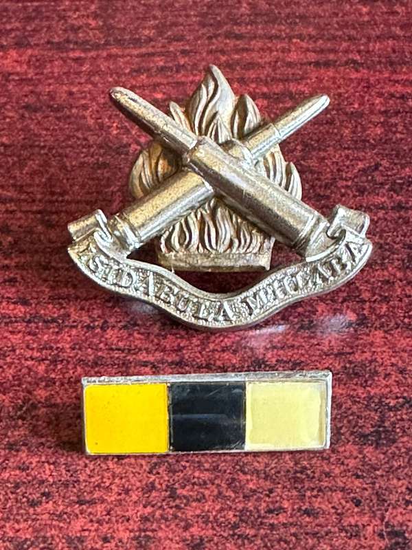 AMMUNITION CORPS,BI/METAL CASP BADGE-APPROVED 1976-SOLD WITH BERET BAR-SAFFRON/ BLACK/ WHITE-PINS +