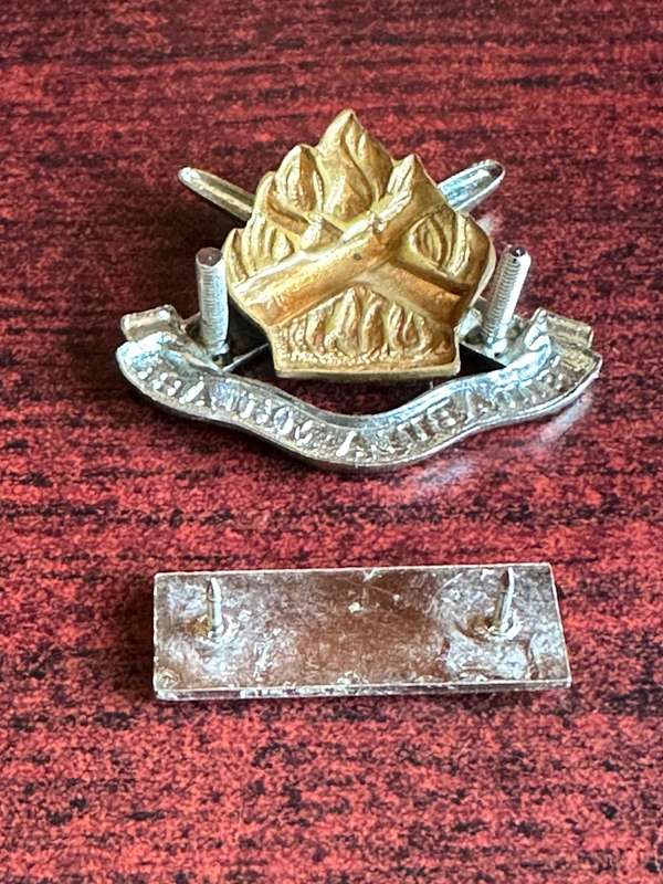 AMMUNITION CORPS,BI/METAL CASP BADGE-APPROVED 1976-SOLD WITH BERET BAR-SAFFRON/ BLACK/ WHITE-PINS +