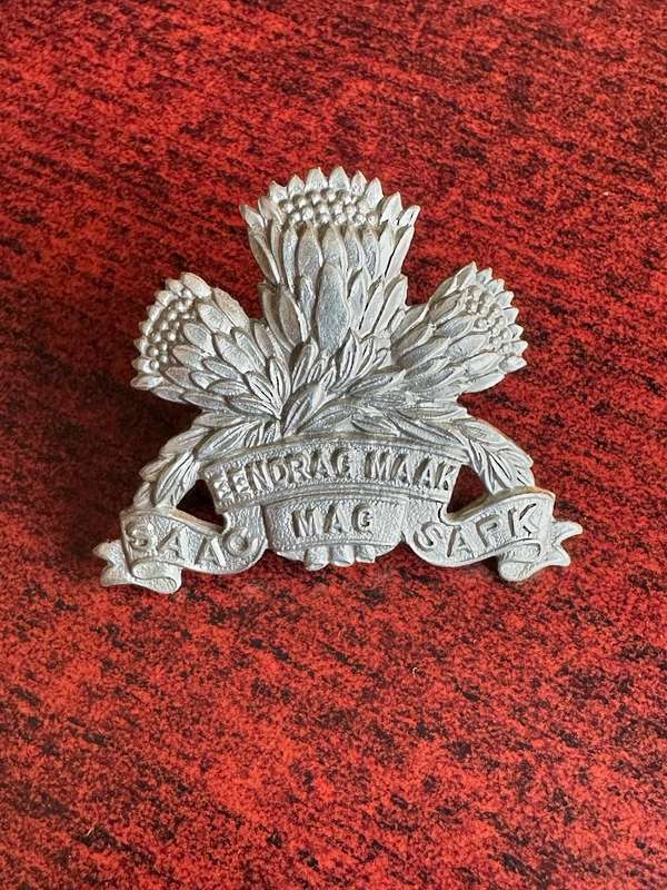 SA ARMOURED CAR WHITE METAL CAP BADGE-WORN 1963-76-BY PERMANENT FORCES MEMBERS- 2 LUGS
