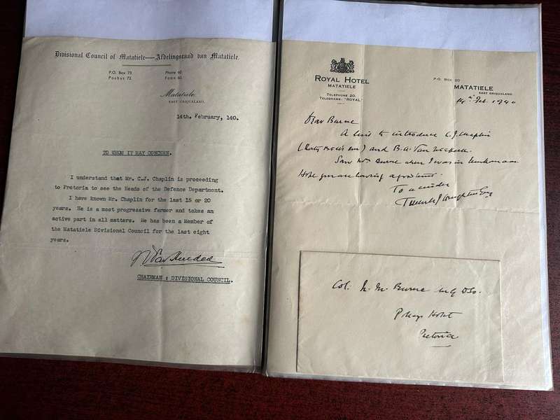 A FILE WITH ALL SORTS OF ORIGINAL WW2 + UNION PERIOD DOCS OF LT. COL. C.J. CHAPLIN M.C. ,ROYAL ENGIN
