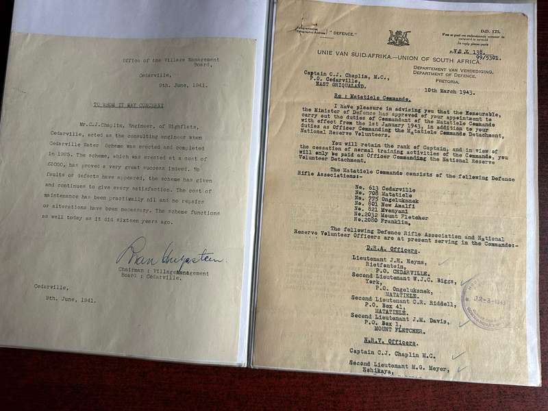 A FILE WITH ALL SORTS OF ORIGINAL WW2 + UNION PERIOD DOCS OF LT. COL. C.J. CHAPLIN M.C. ,ROYAL ENGIN
