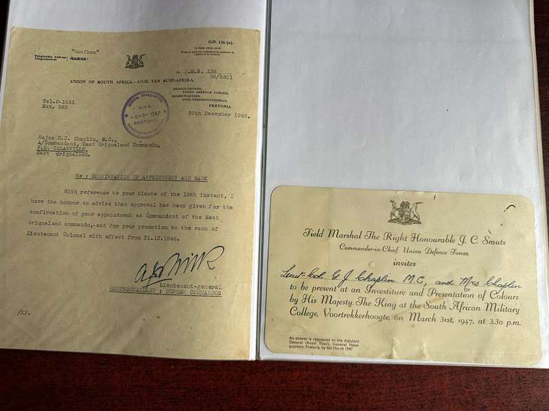 A FILE WITH ALL SORTS OF ORIGINAL WW2 + UNION PERIOD DOCS OF LT. COL. C.J. CHAPLIN M.C. ,ROYAL ENGIN