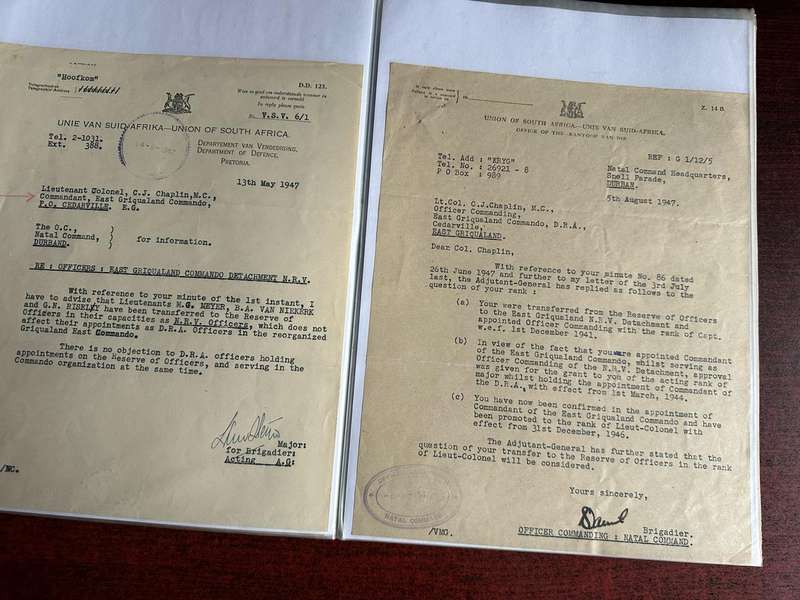 A FILE WITH ALL SORTS OF ORIGINAL WW2 + UNION PERIOD DOCS OF LT. COL. C.J. CHAPLIN M.C. ,ROYAL ENGIN