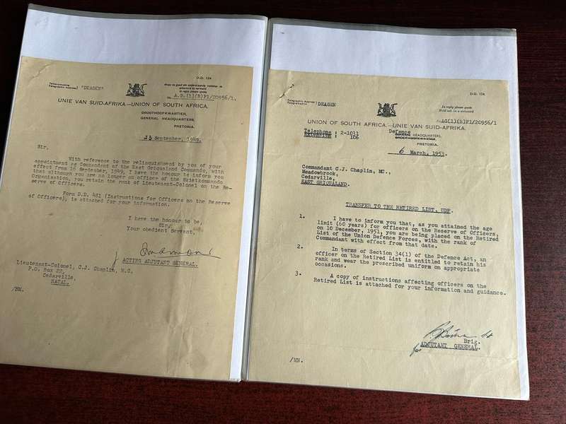 A FILE WITH ALL SORTS OF ORIGINAL WW2 + UNION PERIOD DOCS OF LT. COL. C.J. CHAPLIN M.C. ,ROYAL ENGIN