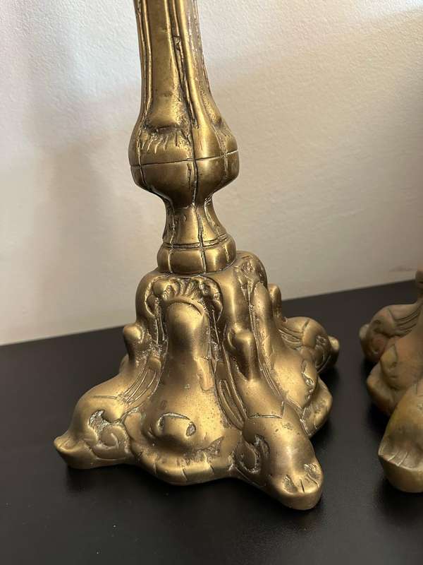PAIR OF VINTAGE SOLID BRASS ORNATE LANTERNS-ITALIAN ROCOCO STYLE,ALTAR TABLE LAMPS WITH FOLIAGE DES