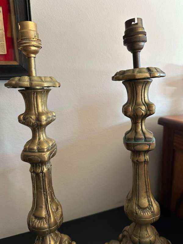 PAIR OF VINTAGE SOLID BRASS ORNATE LANTERNS-ITALIAN ROCOCO STYLE,ALTAR TABLE LAMPS WITH FOLIAGE DES