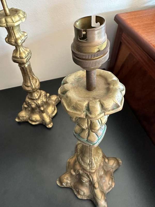 PAIR OF VINTAGE SOLID BRASS ORNATE LANTERNS-ITALIAN ROCOCO STYLE,ALTAR TABLE LAMPS WITH FOLIAGE DES