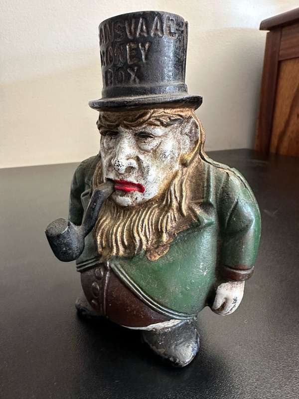 BOER WAR CARICATURE MONEY BOX DEPICTING PRESIDENT KRUGER-CAST IRON MONEY BOX-GOOD CONDITION
