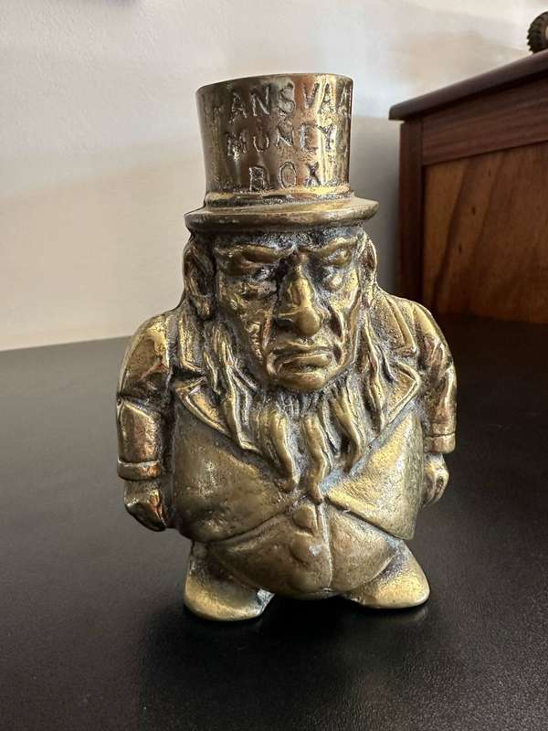 BOER WAR CARICATURE MONEY BOX DEPICTING PRESIDENT KRUGER-SOLID BRASS-GOOD CONDITION-MADE IN ENGLAND