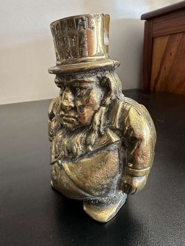 BOER WAR CARICATURE MONEY BOX DEPICTING PRESIDENT KRUGER-SOLID BRASS-GOOD CONDITION-MADE IN ENGLAND