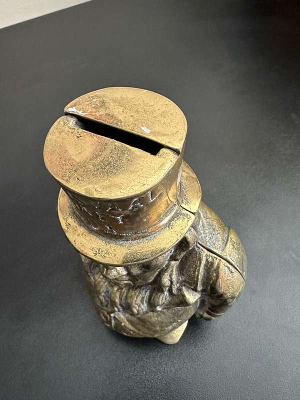 BOER WAR CARICATURE MONEY BOX DEPICTING PRESIDENT KRUGER-SOLID BRASS-GOOD CONDITION-MADE IN ENGLAND