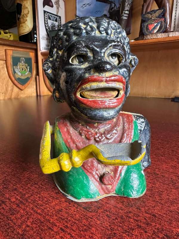 ANTIQUE,RARE AND COLLECTABLE POLYCHROME HAND PAINTED "DINAH" NOVELTY MECHANICAL MONEY BOX-HEIGHT 16,