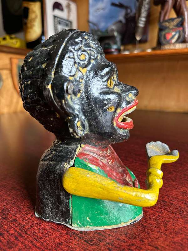 ANTIQUE,RARE AND COLLECTABLE POLYCHROME HAND PAINTED "DINAH" NOVELTY MECHANICAL MONEY BOX-HEIGHT 16,