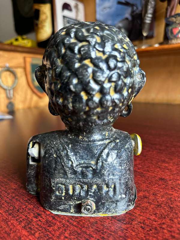 ANTIQUE,RARE AND COLLECTABLE POLYCHROME HAND PAINTED "DINAH" NOVELTY MECHANICAL MONEY BOX-HEIGHT 16,