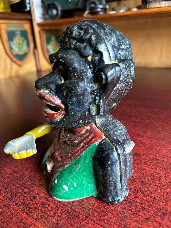 ANTIQUE,RARE AND COLLECTABLE POLYCHROME HAND PAINTED "DINAH" NOVELTY MECHANICAL MONEY BOX-HEIGHT 16,