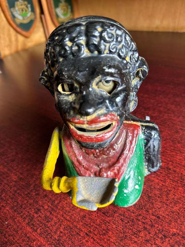 ANTIQUE,RARE AND COLLECTABLE POLYCHROME HAND PAINTED "DINAH" NOVELTY MECHANICAL MONEY BOX-HEIGHT 16,