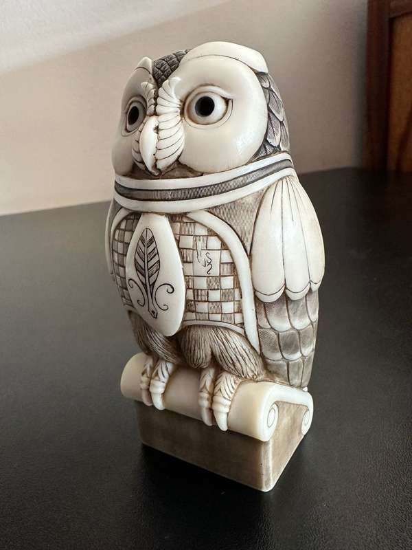 JOHN BICCARD,CRUSHED MARBLE PROF. OWL SCULPTURE 110MM-GOOD CONDITION