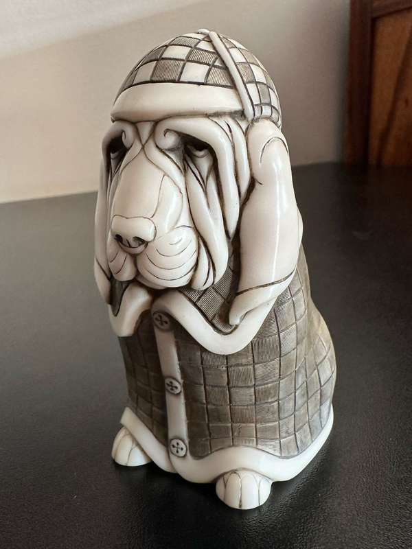 JOHN BICCARD,CRUSHED MARBLE ,SHERLOCK HOUND SCULPTURE 110MM-GOOD CONDITION