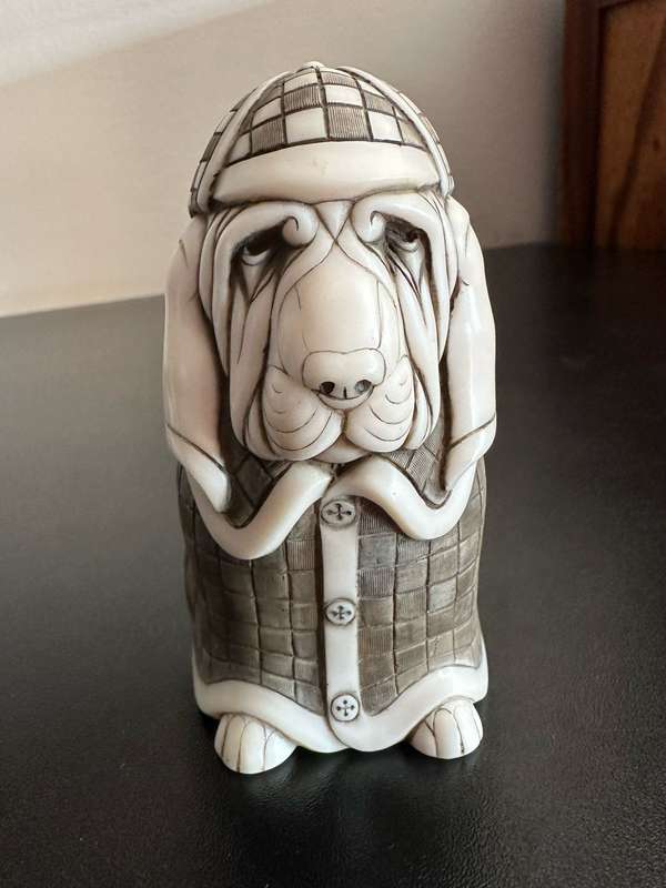 JOHN BICCARD,CRUSHED MARBLE ,SHERLOCK HOUND SCULPTURE 110MM-GOOD CONDITION