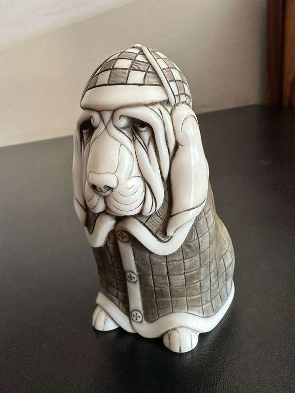 JOHN BICCARD,CRUSHED MARBLE ,SHERLOCK HOUND SCULPTURE 110MM-GOOD CONDITION