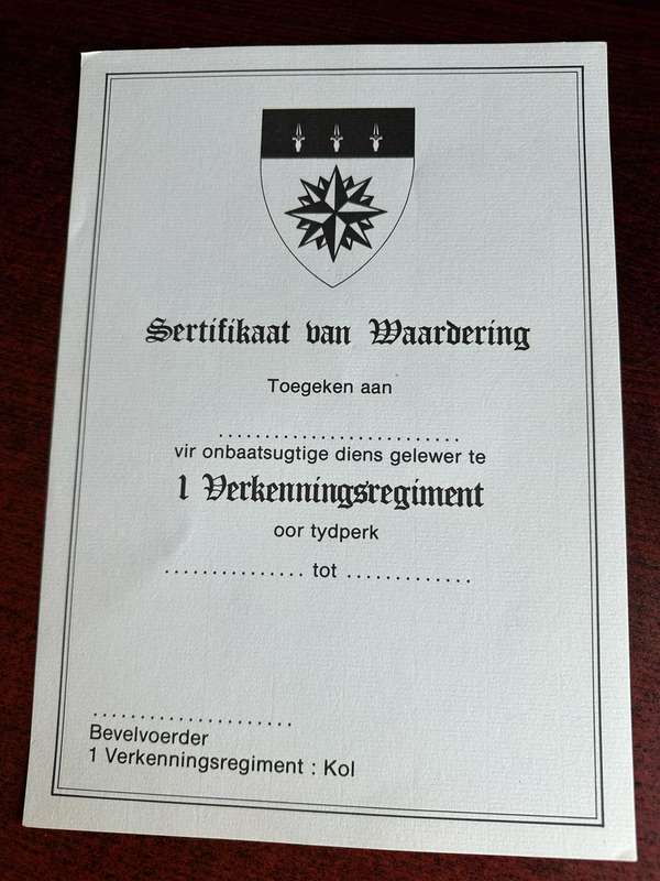 BLANK 1 RECCE-SERTIFIKAAT VAN WAARDERING-ORIGINAL