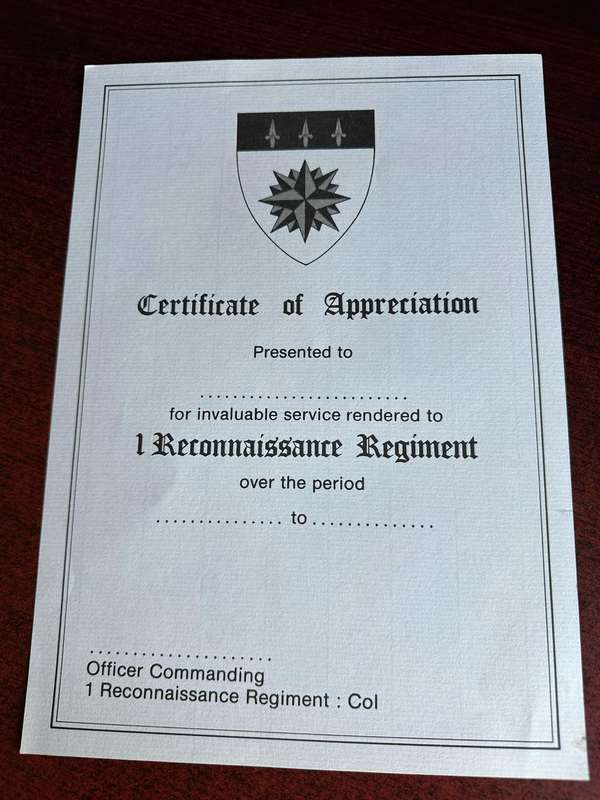 BLANK 1 RECCE CERTIFICATE OF APPRECIATION- ORIGINAL