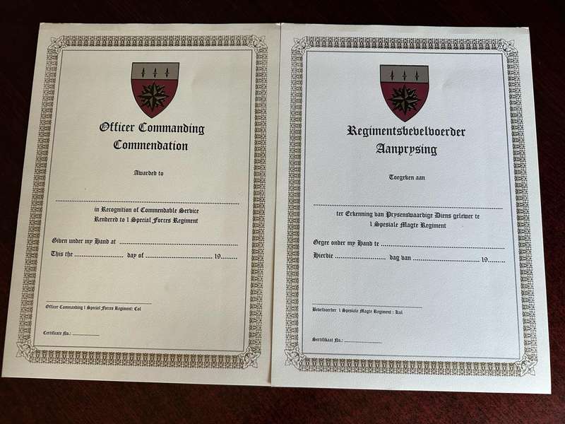 1 RECCE OFFICER COMMANDING COMMANDING,BLANK CERTIFICATE -IN AFRIKAANS AND ENGLISH- ORIGINAL