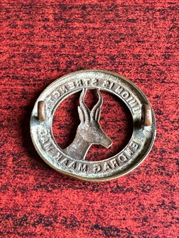 SA GENERAL SERVICES CORPS CAP BADGE (BRASS) 2 LUGS-WORN WW2