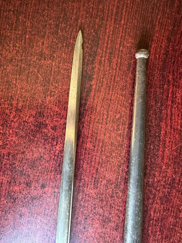 FRENCH 1874 YATAGHAN BAYONET WITH T-FORM BLADE-METAL SCABBARD -THIS BAYONET IS STILL IN OVERALL GOOD