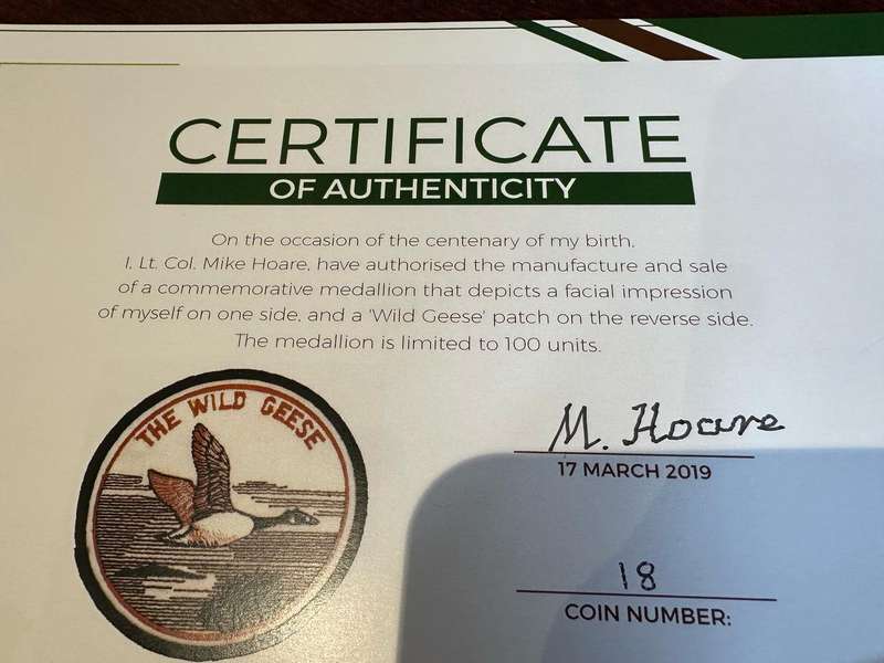 LT. COL. HOARE CHALLENGE COIN NO 18 OF ONLY 100 MADE WITH CERTIFICATE OF AUTHENTICITY (ORIGINAL SIGN