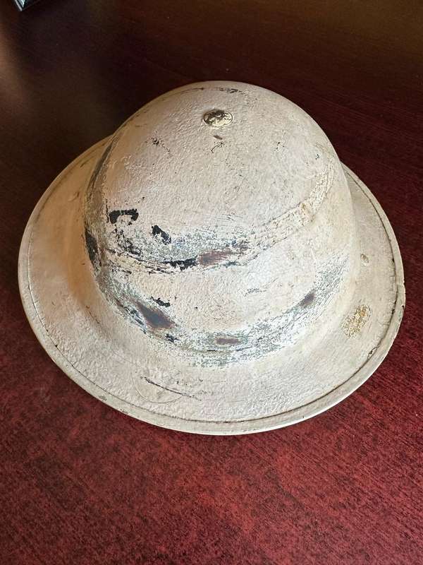WW2 SA BRODIE HELMET-USED IN NORTH AFRICA-3 HOLES IN THE BACK FOR NECK FLAP-PAINTED DESERT CAMO-GOOD