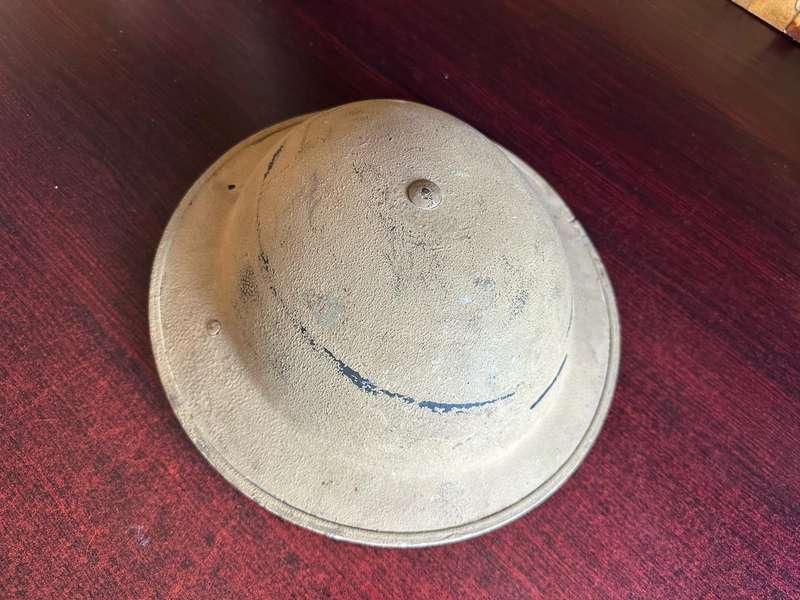 WW2 SA BORDER HELMET-USED IN NORTH AFRICA-3 HOLES IN THE BACK FOR NECK FLAP-PAINTED DESERT CAMO-GOOD