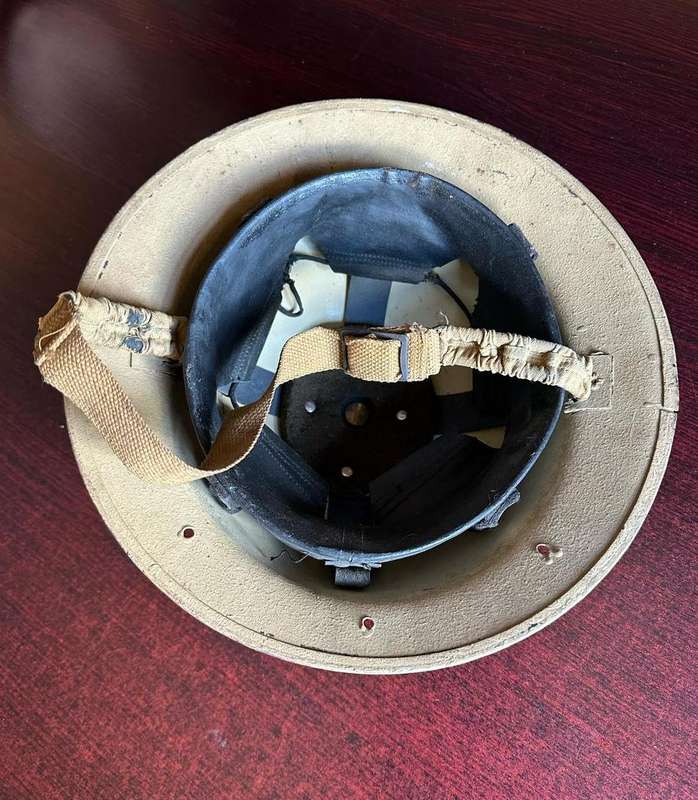 WW2 SA BORDER HELMET-USED IN NORTH AFRICA-3 HOLES IN THE BACK FOR NECK FLAP-PAINTED DESERT CAMO-GOOD
