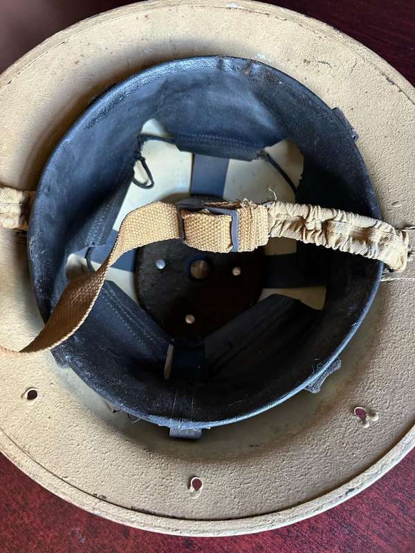 WW2 SA BORDER HELMET-USED IN NORTH AFRICA-3 HOLES IN THE BACK FOR NECK FLAP-PAINTED DESERT CAMO-GOOD