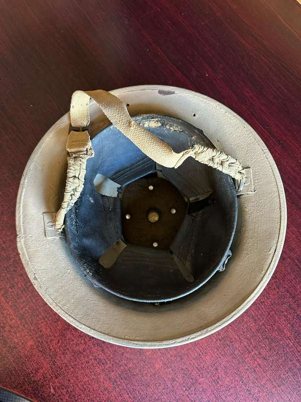 WW2 SA BRODIE HELMET-USED IN NORTH AFRICA-3 HOLES IN THE BACK FOR NECK FLAP-PAINTED DESERT CAMO-GOOD