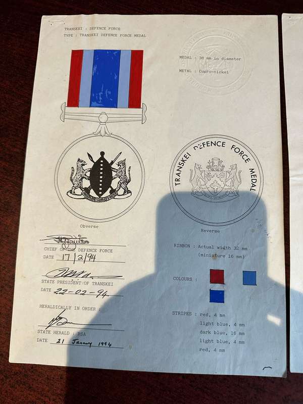 ORIGINAL ART CARDS FOR TRANSKEI MILITARY RULE MEDAL AND DEFENCE FORCE MEDAL